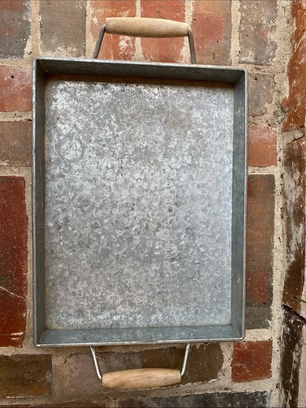 Pottery Barn Rustic Galvanized Metal Tray with Wood Handles